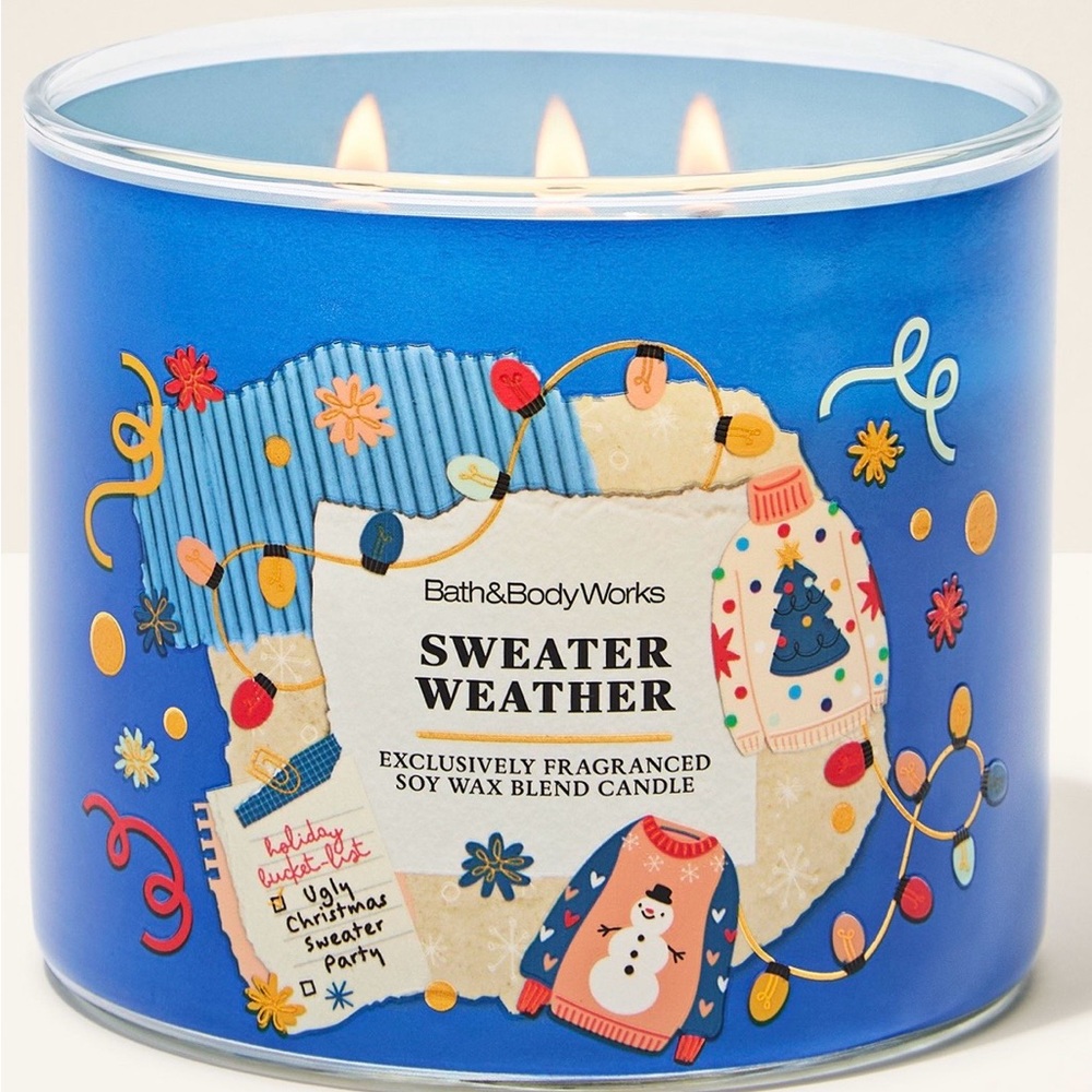 BATH AND BODY WORKS Sweater Weather 3-Wick Candle - Festive Blue - Picture 2 of 15
